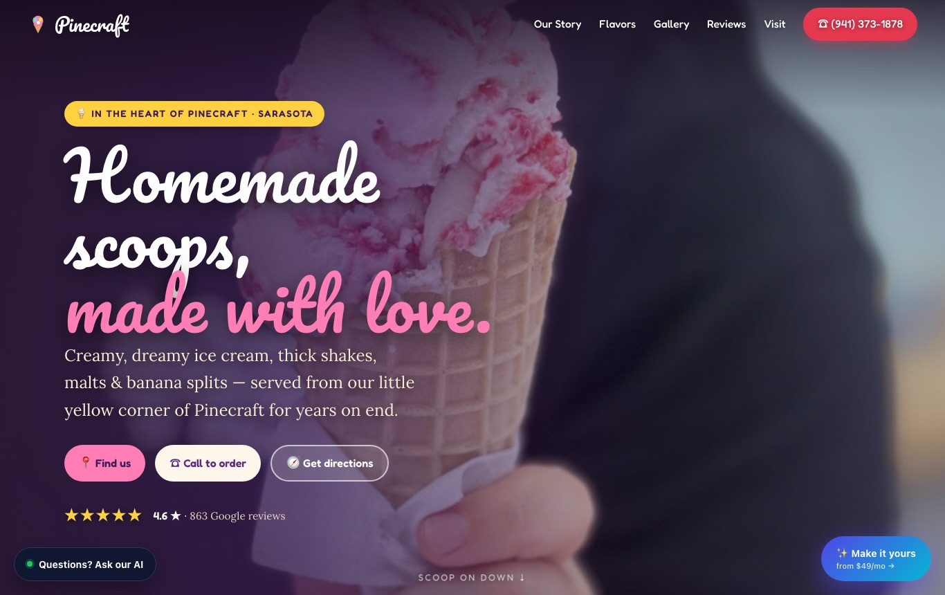Pinecraft Ice Cream Shoppe website screenshot